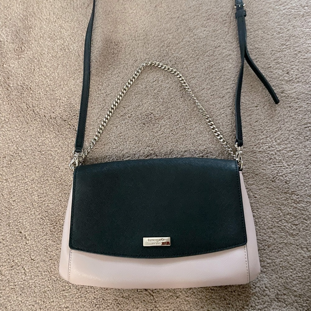 Kate Spade pink black clutch purse gold chain strap black strap